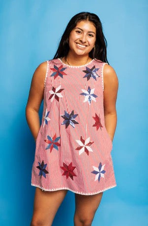 QOS Red & White Stripe Pinwheel Tie Dress