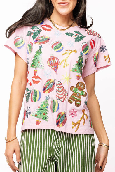 QOS Light Pink Christmas Icons Tee