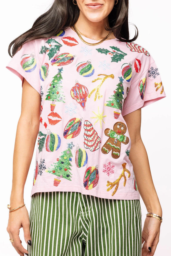 QOS Light Pink Christmas Icons Tee