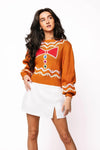 QOS Brown Gingerbread Man Jewel Bow Tie Sweater