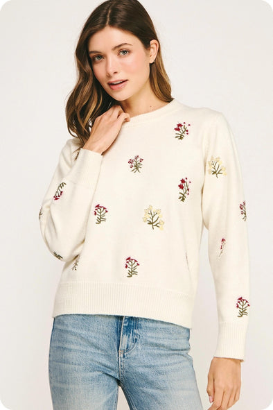 Strut & Bolt White Floral Embroidered Knit Top