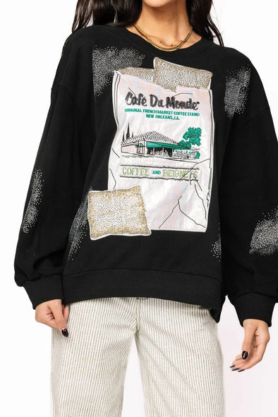 QOS Black "Cafe Du Monde Beignet Bag & Powdered Sugar Sweatshirt