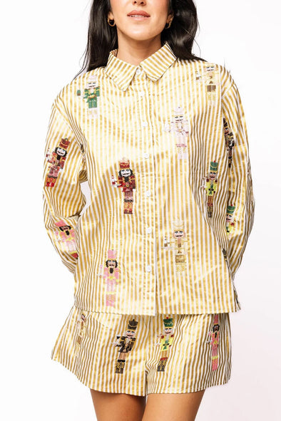 QOS Gold Metallic Stripe Cocktail Serving Nuctracker Button Up Top