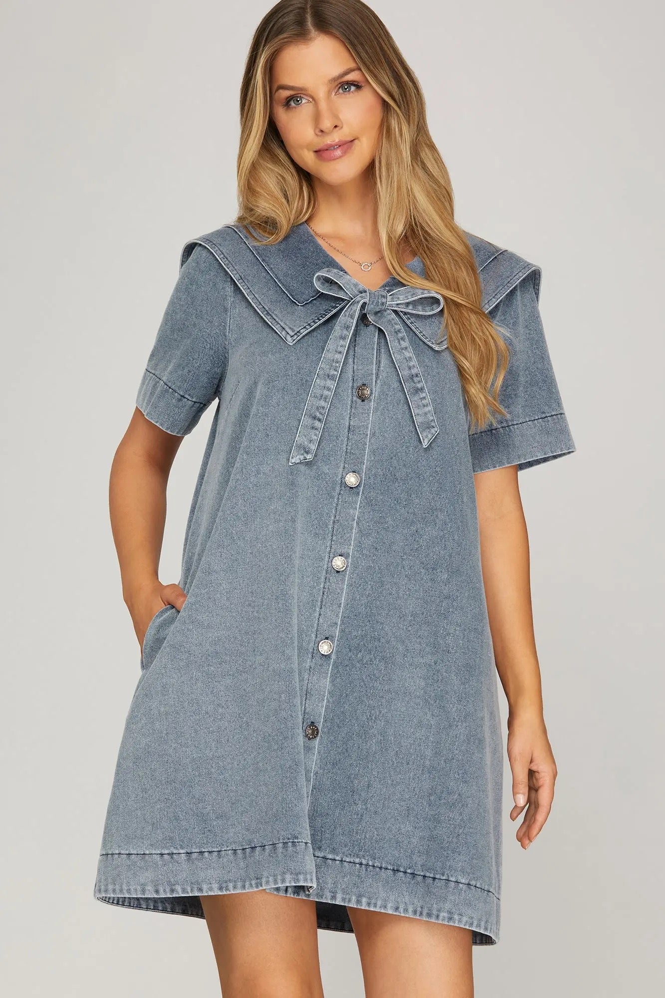 she + sky dress She+Sky Front Bow Denim Mini Dress