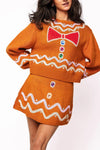 QOS Brown Gingerbread Man Jewel Bow Tie Sweater