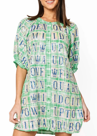 QOS Green Plaid Nola Street Sign Tiles Button Up Cotton Dress