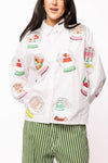 QOS White Cotton Snow Globe Button Up Long Sleeve Top