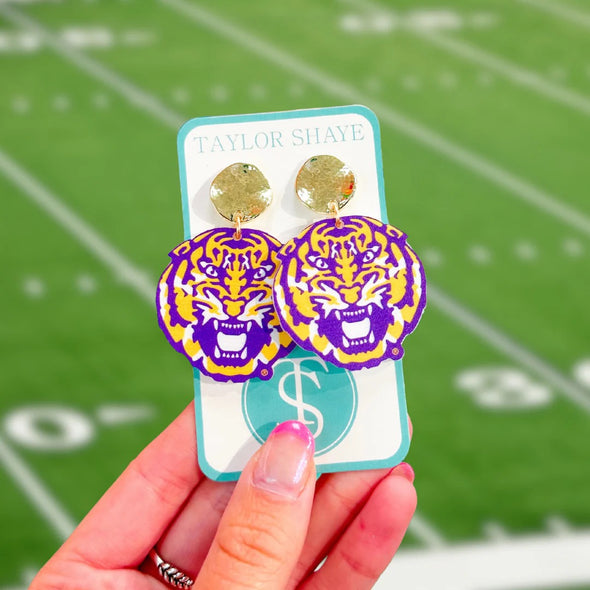 Taylor Shaye Purple and Gold LSU Roaring Tiger Head Drops