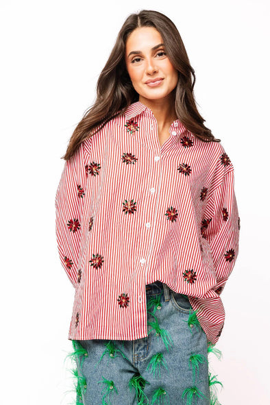 QOS Red & White Striped Scattered Jeweled Poinsettia Button Up Collar Top