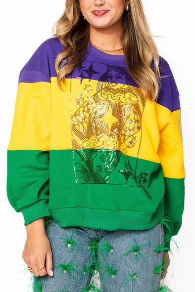 QOS Purple, Yellow & Green Striped Queen Card Sweatshirt