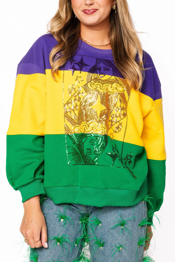 QOS Purple, Yellow & Green Striped Queen Card Sweatshirt