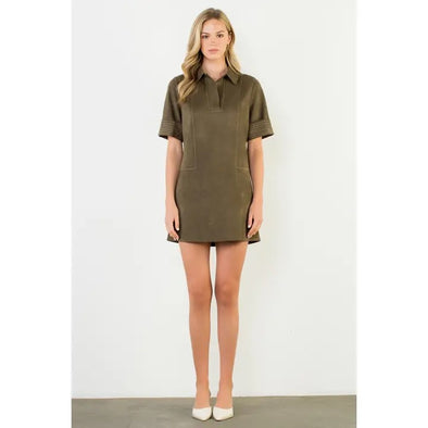 THML Short Sleeve Collared Suede Dress