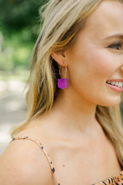 Taylor Shaye Purple Tiger Head Hoop Earrings