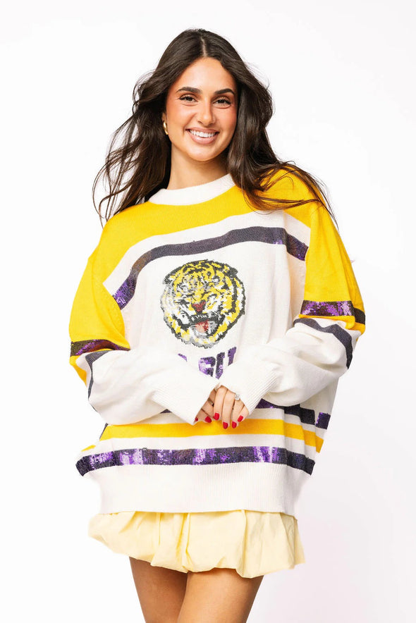 QOS Licensed LSU Striped Colorblock Sweater