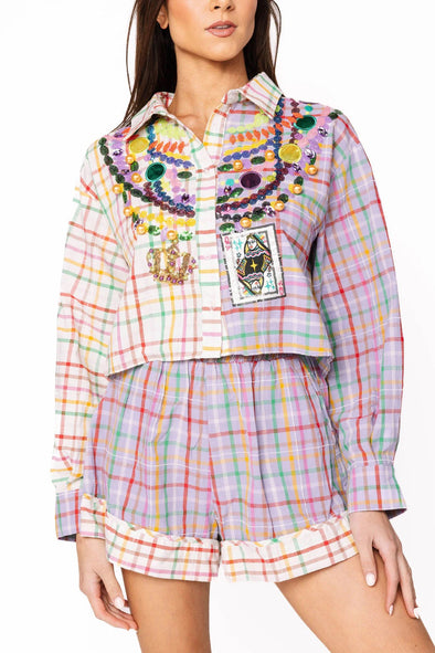 QOS Colorblock Plaid Queen Mardi Gras Beads Button Up Top