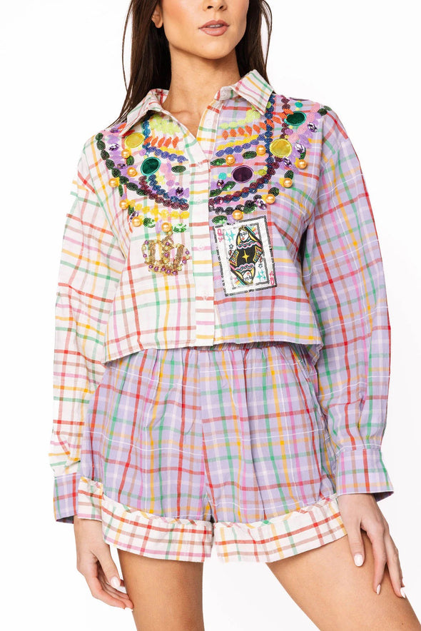 QOS Colorblock Plaid Queen Mardi Gras Beads Button Up Top