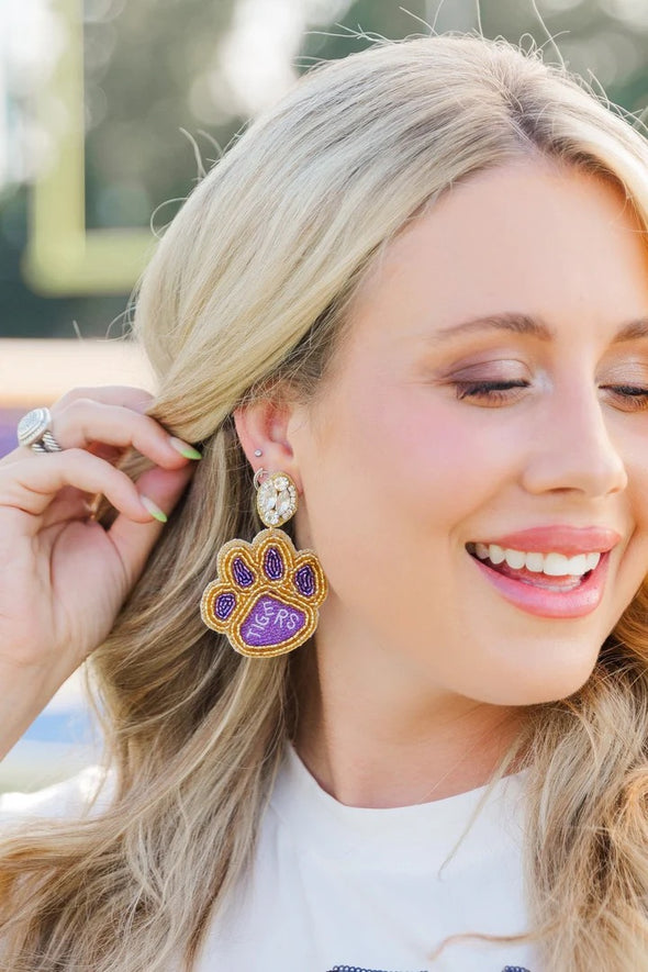 Taylor Shaye Purple and Gold Tiger Paw Earrings