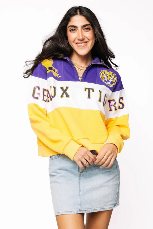 QOS Licensed LSU Quarter Zip Colorblock Sweatshirt