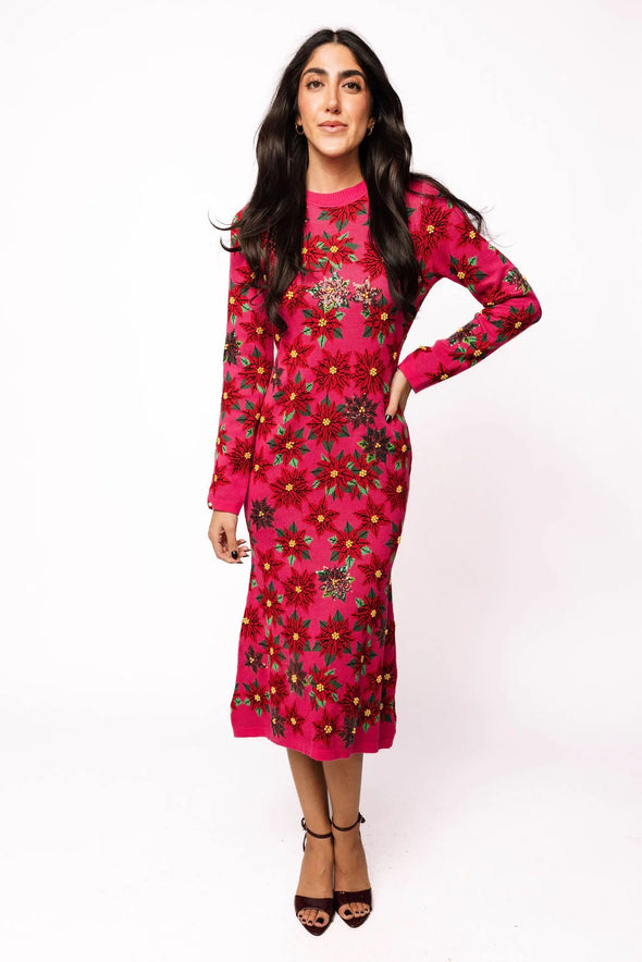 QOS Pink & Red Poinsettia Knit Midi Dress