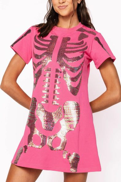 QOS Hot Pink Multi Skeleton Body Tee Dress