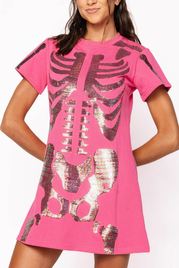 QOS Hot Pink Multi Skeleton Body Tee Dress
