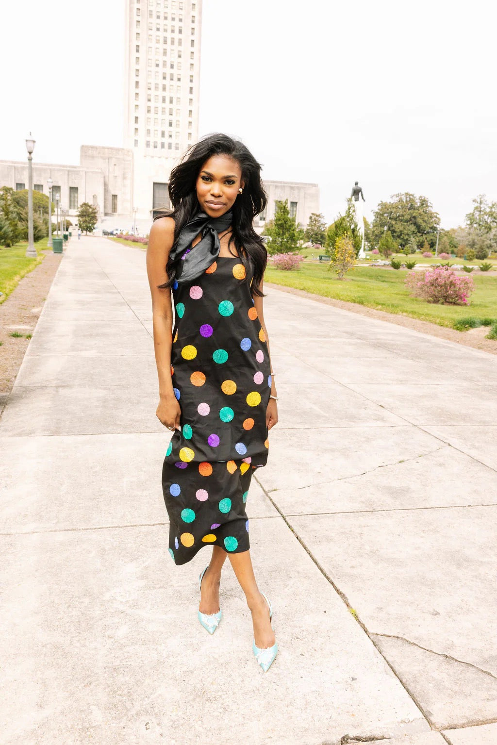 QOS Black Multi Polka Dot Cotton Midi Dress QOS Black Multi Polka Dot Cotton Midi Dress