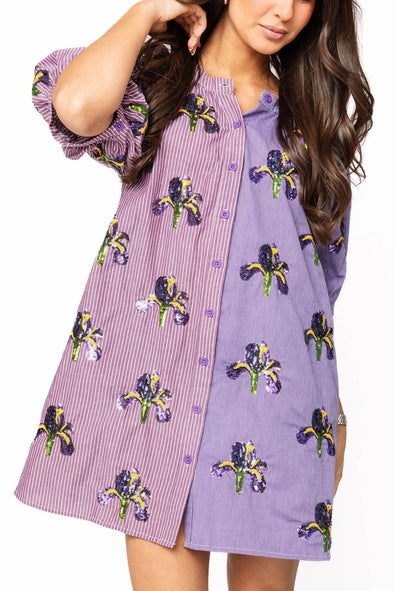QOS Purple Colorblock Striped Iris Button Up Cotton Dress
