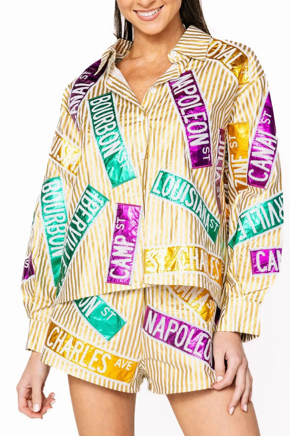 QOS Metallic Gold Stripe Nola Street Signs Button Up Top