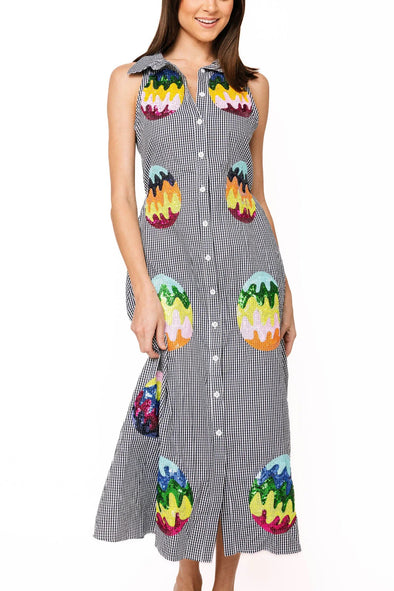 QOS Black Gingham Groovy Easter Egg Button Up Midi Dress QOS Black Gingham Groovy Easter Egg Button Up Midi Dress