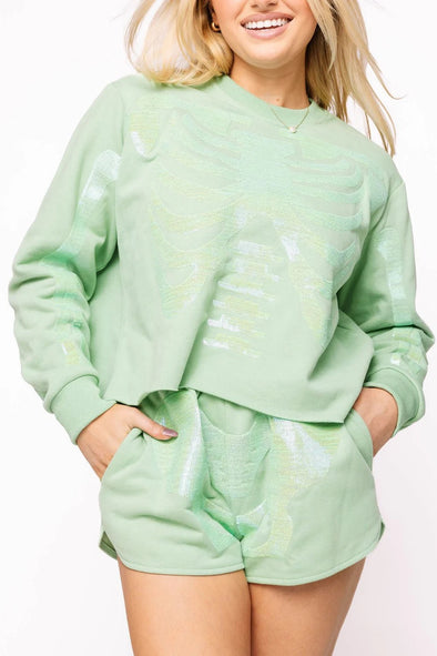 QOS Light Green Tonal Skeleton Sweatshirt