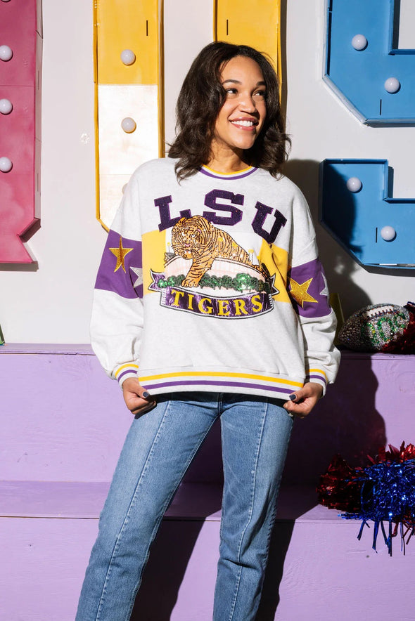 QOS Licensed Grey Vintage LSU Tiger Over Death Valley Sweatshirt