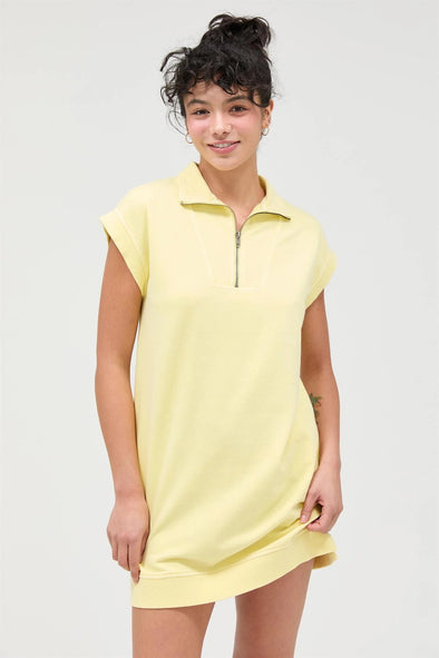 Double Zero Pale Yellow Half Zip Mock Neck Mini Dress