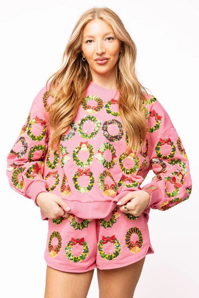 QOS Hot Pink Multi Wreaths Sweatshirt