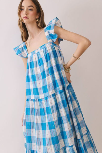 TCEC Blue Plaid Ruffled Midi Dress TCEC Blue Plaid Ruffled Midi Dress