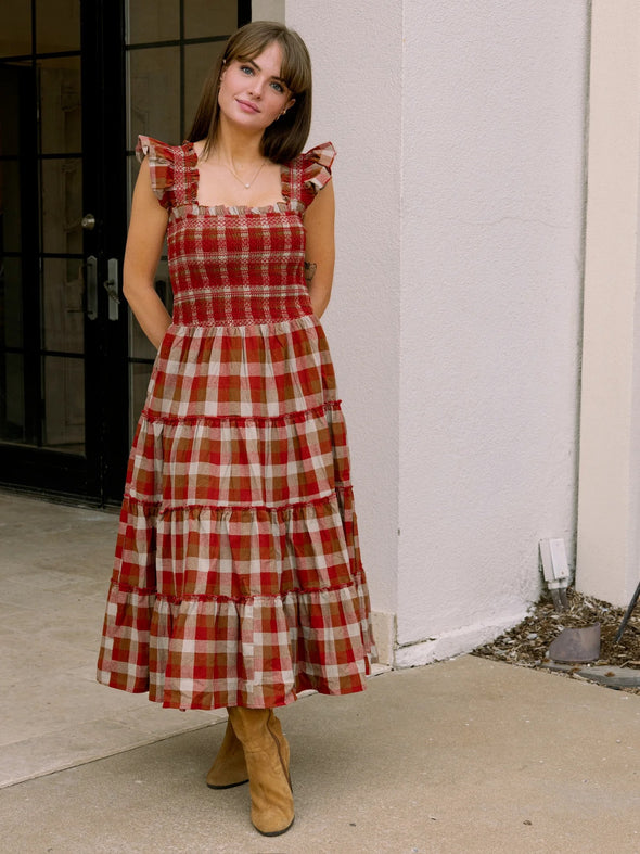 Aurueum Plaid Smocked Midi Dress