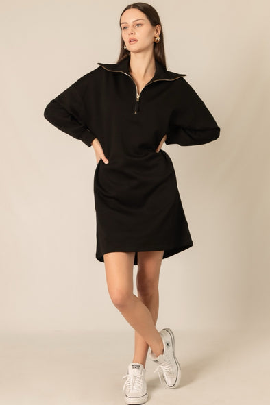 P. Cill Black Butter Modal Quarter Zip Long Sleeve Dress