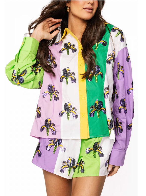 QOS Purple,Green,Yellow,&White Colorblock Iris Button Up Top