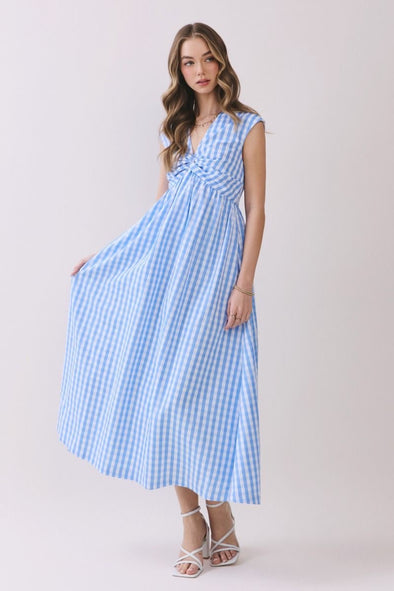 TCEC Light Blue Gingham Knotted Midi Dress TCEC Light Blue Gingham Knotted Midi Dress