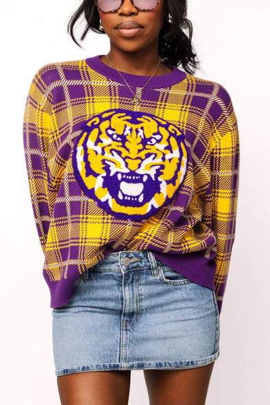 QOS Licensed LSU Plaid Mascot Sweater