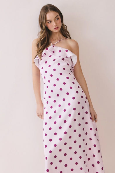 TCEC Pink Polka Dot Halter Midi Dress TCEC Pink Polka Dot Halter Midi Dress