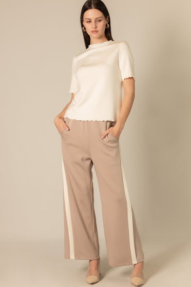 P. Cill Taupe/Ivory Butter Modal Side Contrast Double Stripe Wide Leg Pants