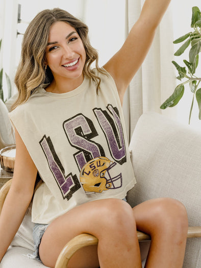 Livy Lu LSU Tigers Helment Faded Cropped Tank
