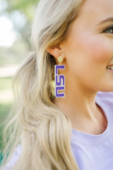 Taylor Shaye LSU Purple Gold Sequin Acrylic Drop Earrings