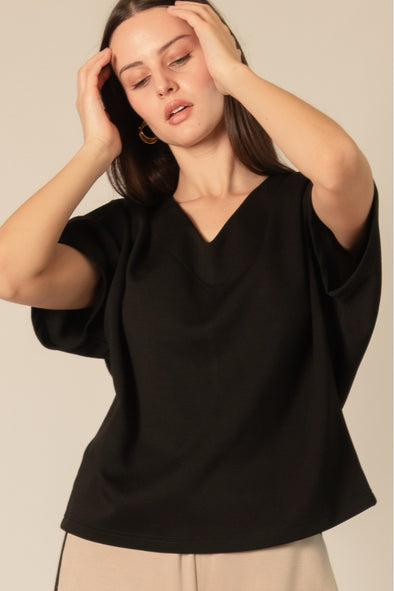 P. Cill Black Butter Modal V Neck Short Sleeve Top