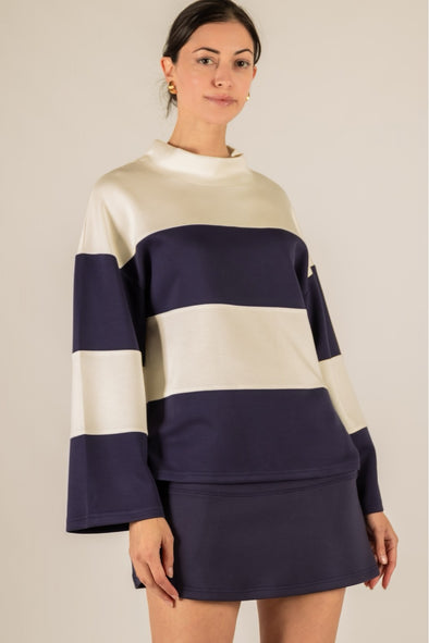 P. Cill Ivory/Navy Butter Modal Two Tone Wide Sleeve Top