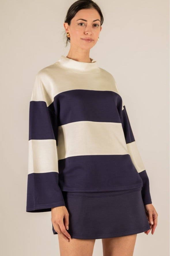 P. Cill Ivory/Navy Butter Modal Two Tone Wide Sleeve Top