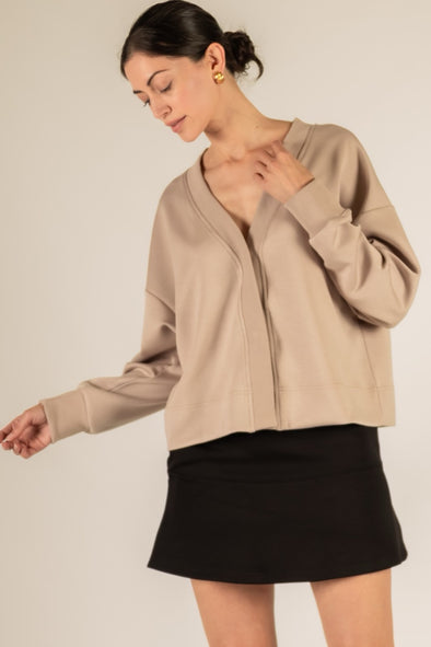 P. Cill Taupe Butter Modal Rib Contrast Oversized Cropped Top