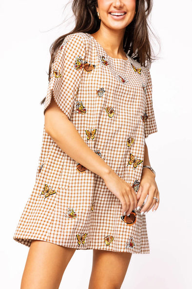 QOS Brown Plaid Butterfly Short Sleeve Dress