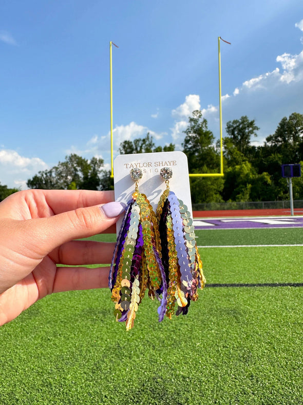 Taylor Shaye Purple and Gold Sequin Tassel Earrings