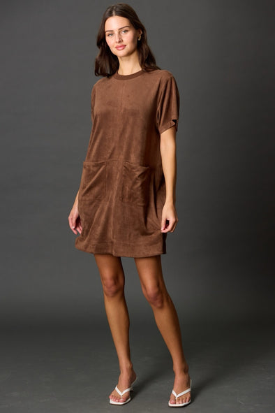 Before You Chocolate Faux Suede Short Sleeve Shift Dress